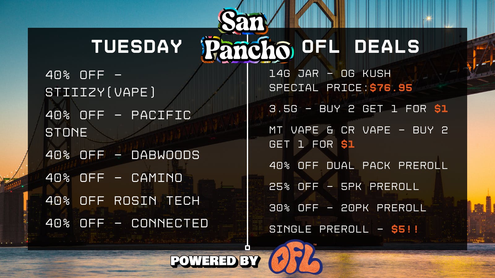 San Pancho Delivery by OFL Daily Specials + Exclusive OFL Deals - Tuesday