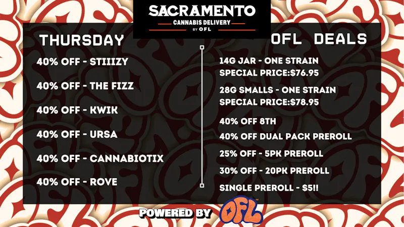 Sacramento Cannabis Delivery By OFL 40% OFF Daily Specials - Thursday