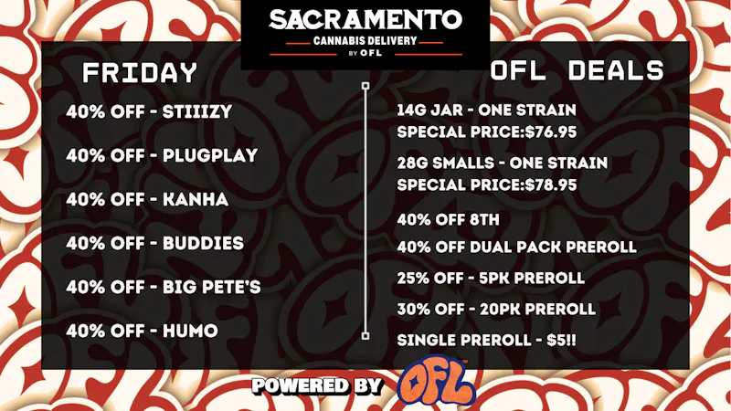 Sacramento Cannabis Delivery By OFL - Arden-Arcade 40% OFF Daily Specials - Friday