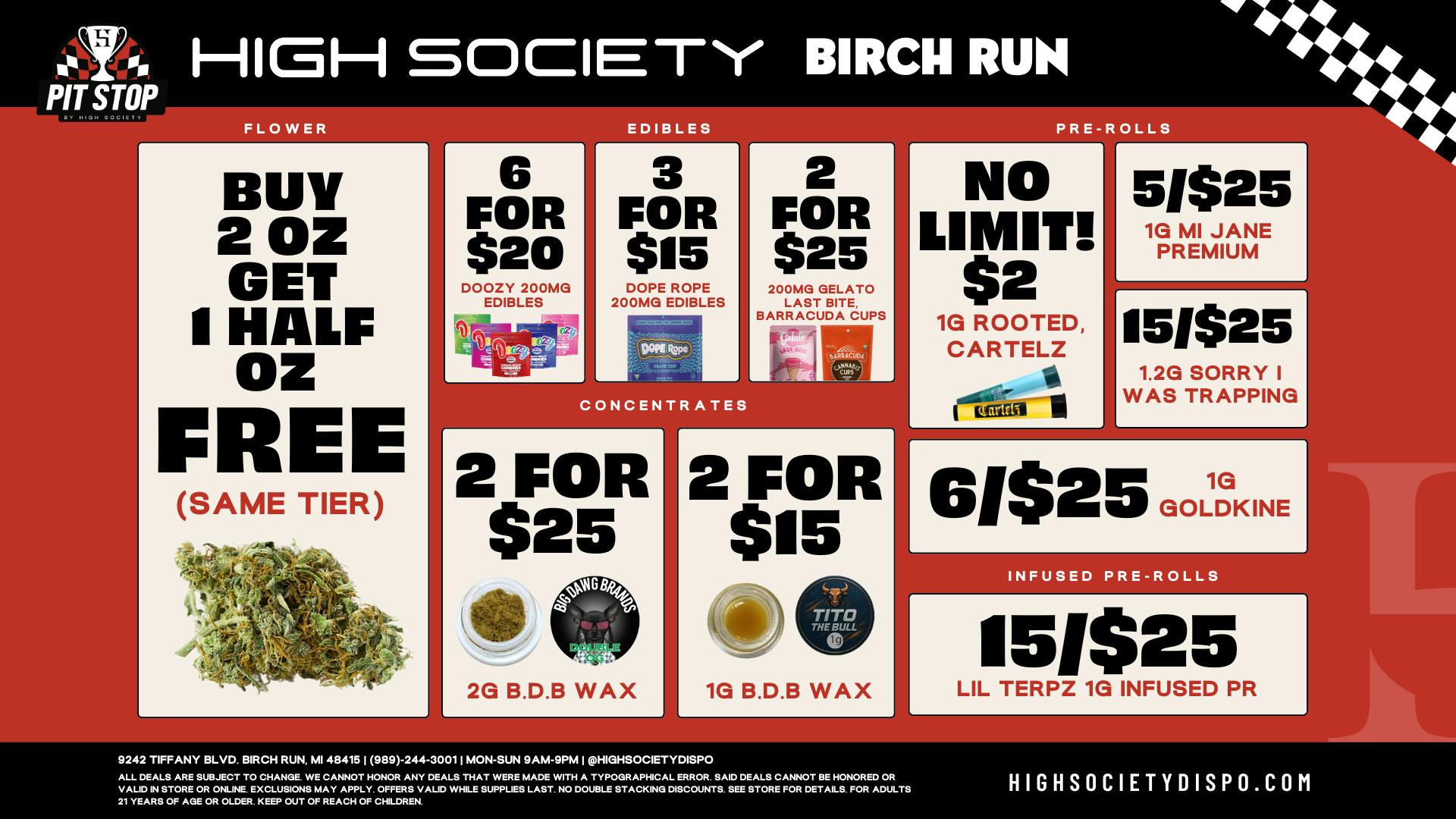 High Society Weed Dispensary Outer Birch Run Weekly Deals!!!