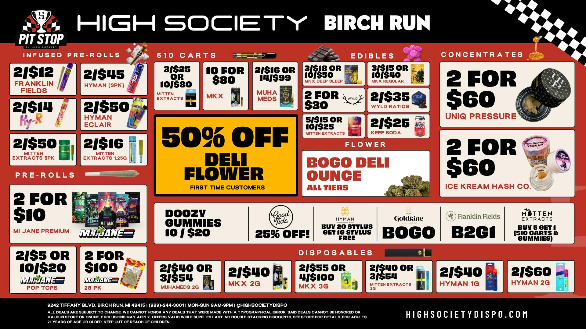 High Society Weed Dispensary Outer Birch Run Promo Deals & BOGO Deli Oz!!