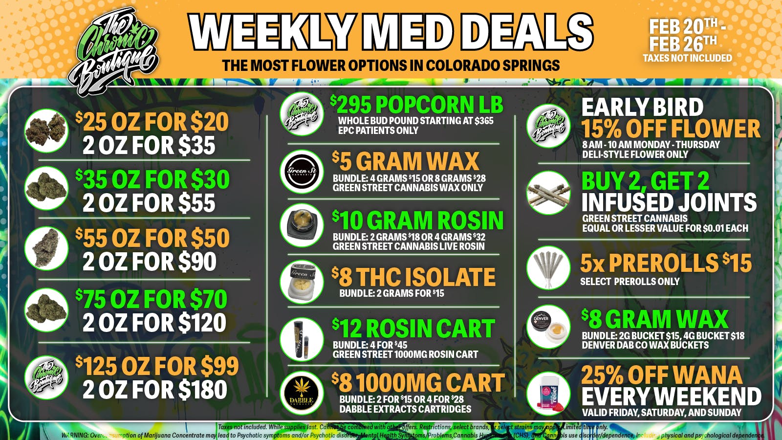 The Chronic Boutique - Pikes Peak SELECT $20 OZ 🔥 $5G WAX 🌿 $12 ROSIN CART 💨