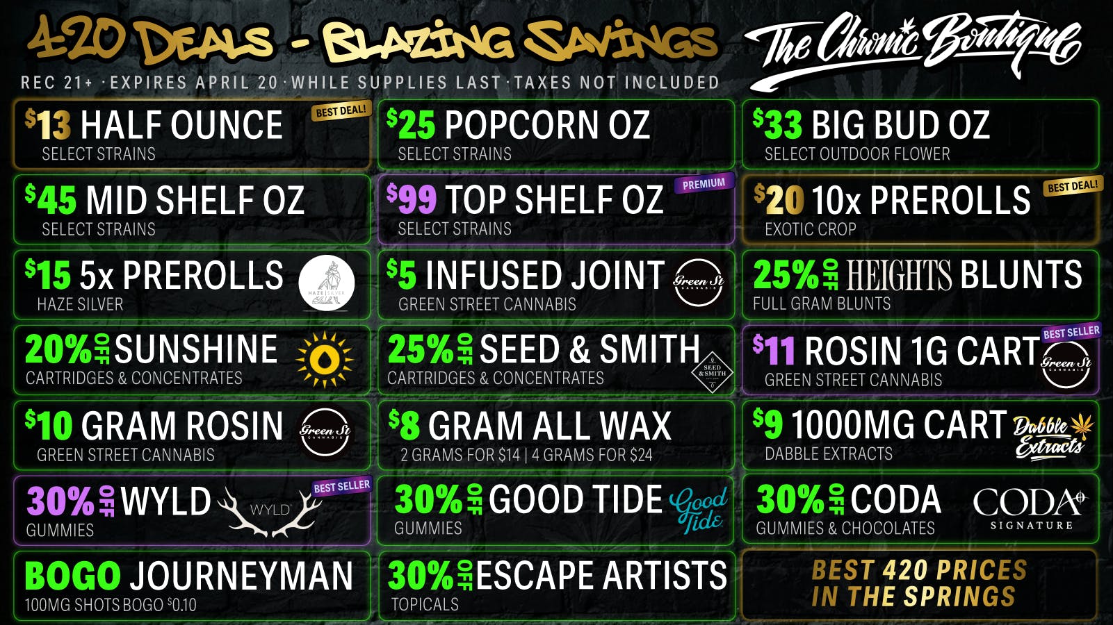 The Chronic Boutique - Pikes Peak 🌴 420 DEALS 🔥 $13 Half Ounce 🎉 $20 10x Prerolls