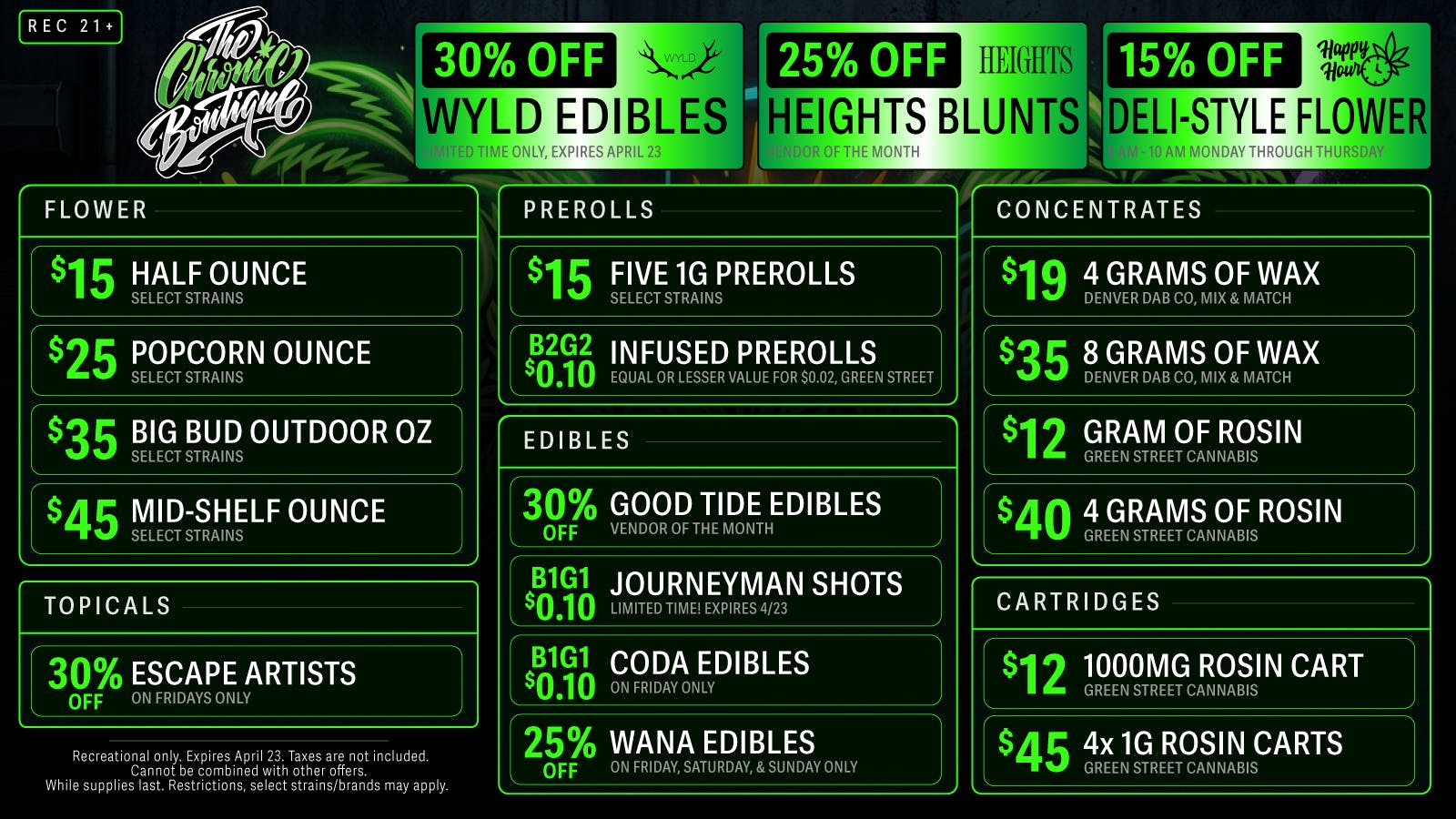 The Chronic Boutique - Pikes Peak 🌴🔥 $15 Spring Half OZ 🎉 $15 for 5 Prerolls