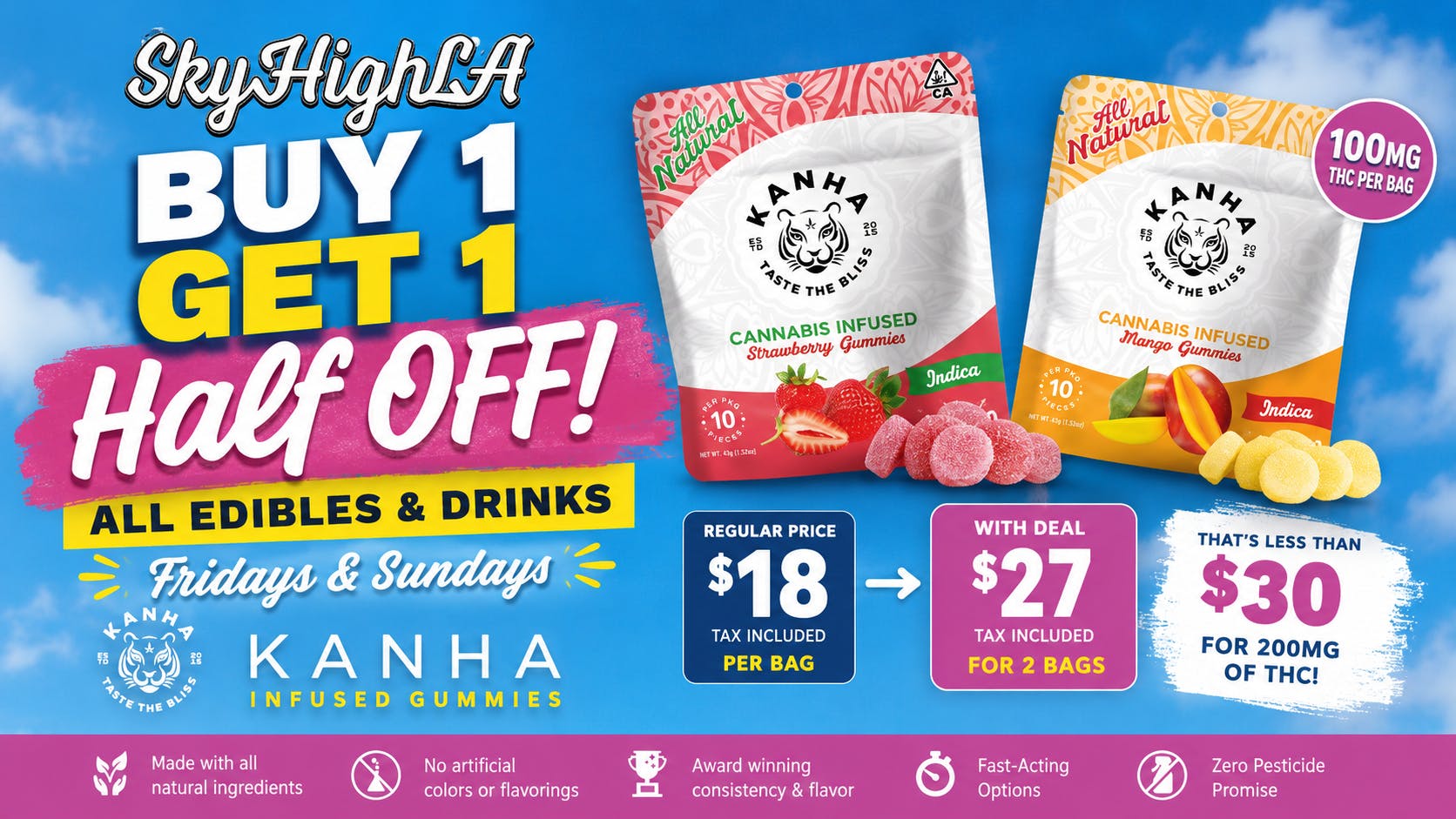 SkyhighLA Buy 1 Get 1 Half OFF All Drinks & Edibles @SkyHigh