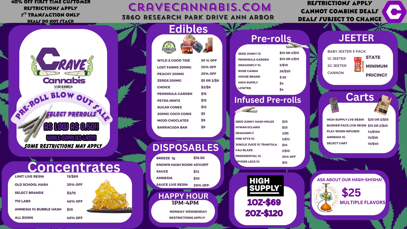 Crave Ann Arbor FIRE DEALS! WE PRICE MATCH! HIGH SUPPLY OZ $69