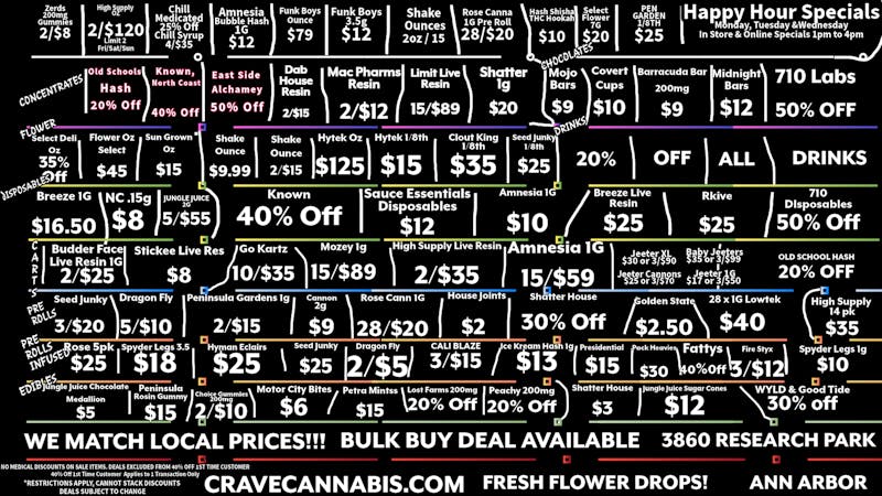 Crave Ann Arbor Pre Rolls 1g 28/$30, 710 50% Off