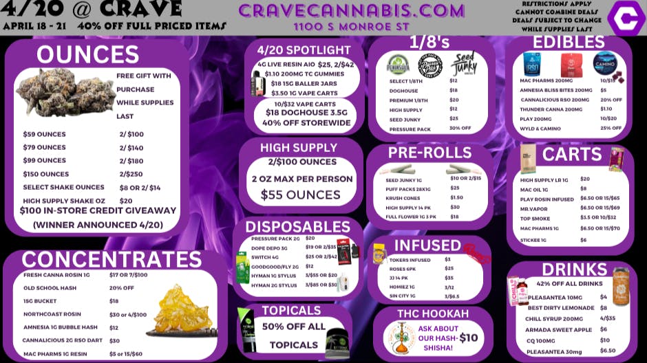 Crave Cannabis 4/20 @CRAVE 4/18-4/21 ($100 STORE CREDIT GIVEAWAY)
