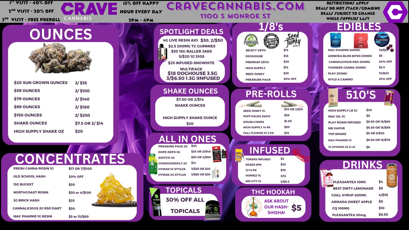 Crave Cannabis FIRST, SECOND AND THIRD VISIT BONUSES ONLY @ CRAVE
