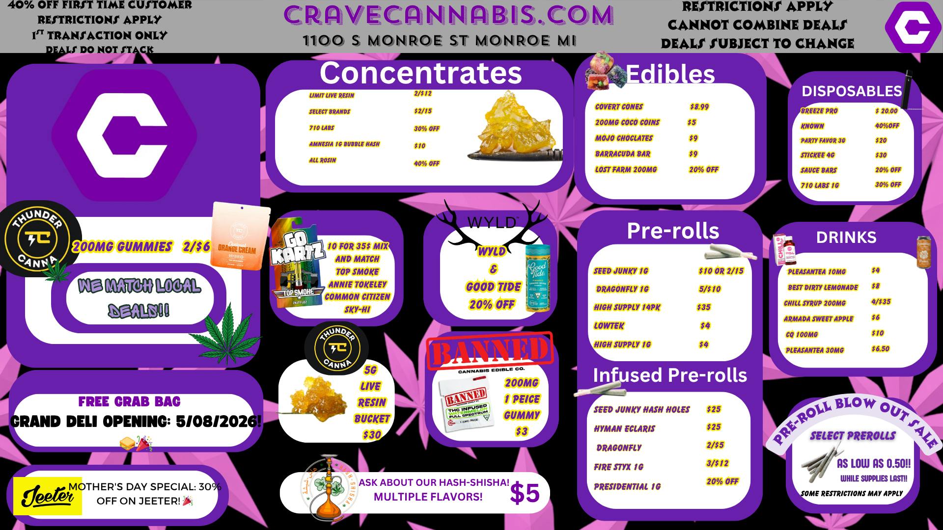 Crave Cannabis FIRST, SECOND AND THIRD VISIT BONUSES ONLY @ CRAVE