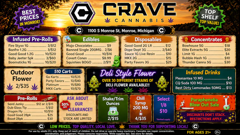 Crave Cannabis 10/$35 Carts, MKX Carts 10/$70, 15/$99 Carts