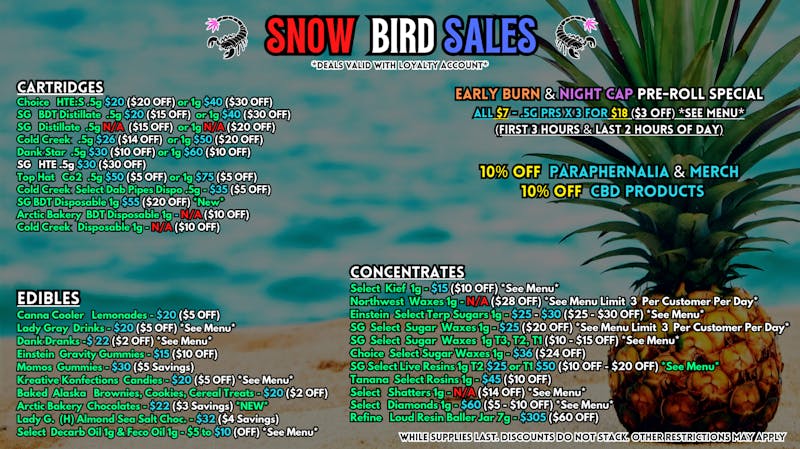 Scorpion Grass SNOW BIRD SALES- CARTS, DABS, EDIBLES!