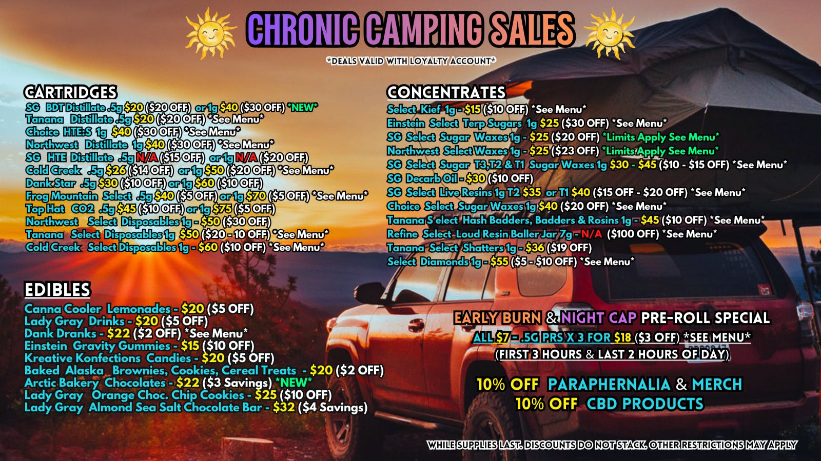 Scorpion Grass Chronic Camping Sales! Carts, Dabs, and Edibles!