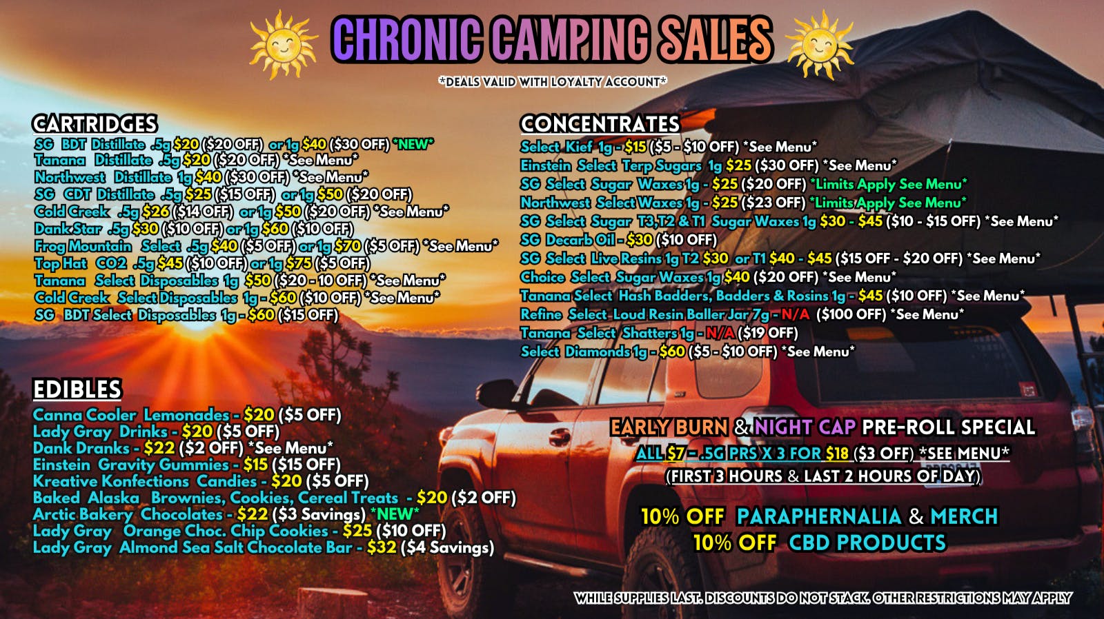 Scorpion Grass Chronic Camping Sales! Carts, Dabs, and Edibles!