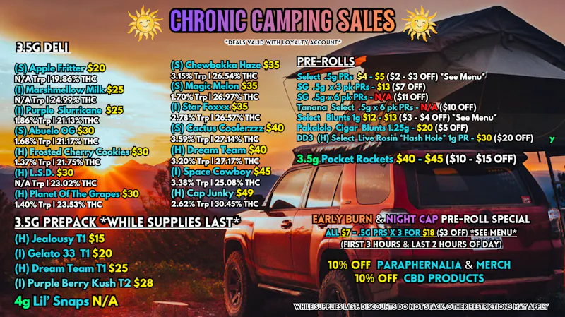 Scorpion Grass Chronic Camping Sales! Flower and Pre-rolls!