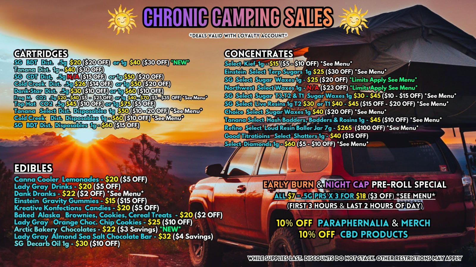 Scorpion Grass Chronic Camping Sales! Carts, Dabs, and Edibles!