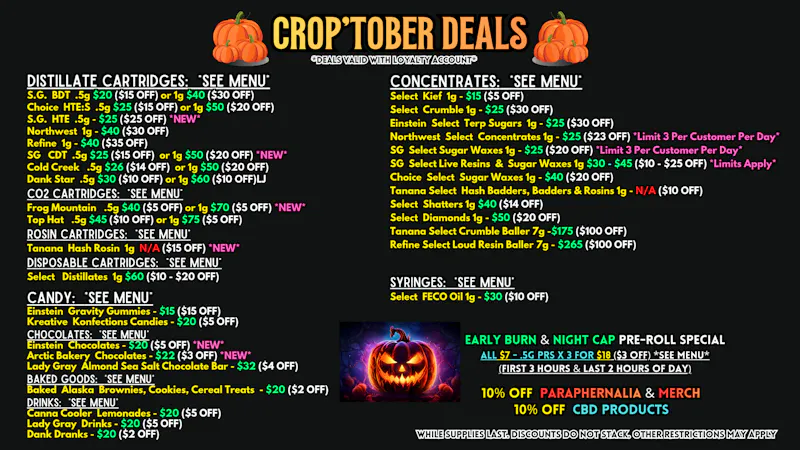 Scorpion Grass CROP'TOBER DEALS! Carts, Dabs, and Edibles!