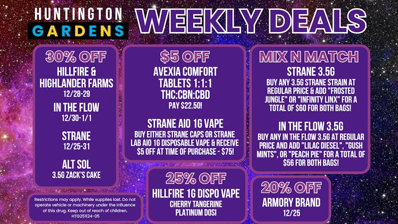 Huntington Gardens December 25th - January 1st Weekly deals