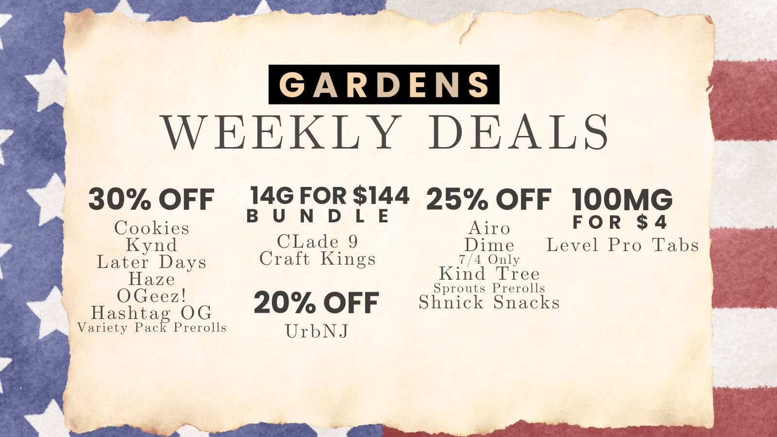 Garfield Gardens Dispensary Weekly Deals 7/2-7/9