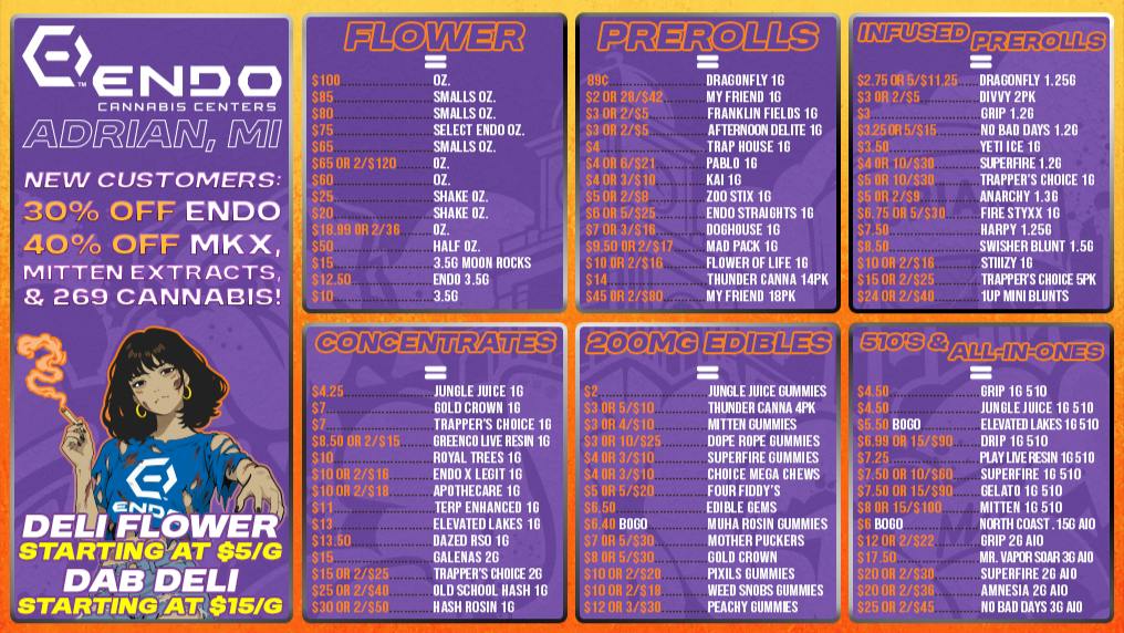 ENDO VIBE CANNABIS CENTERS - ADRIAN Frightfully Good Deals @ Endo Adrian!