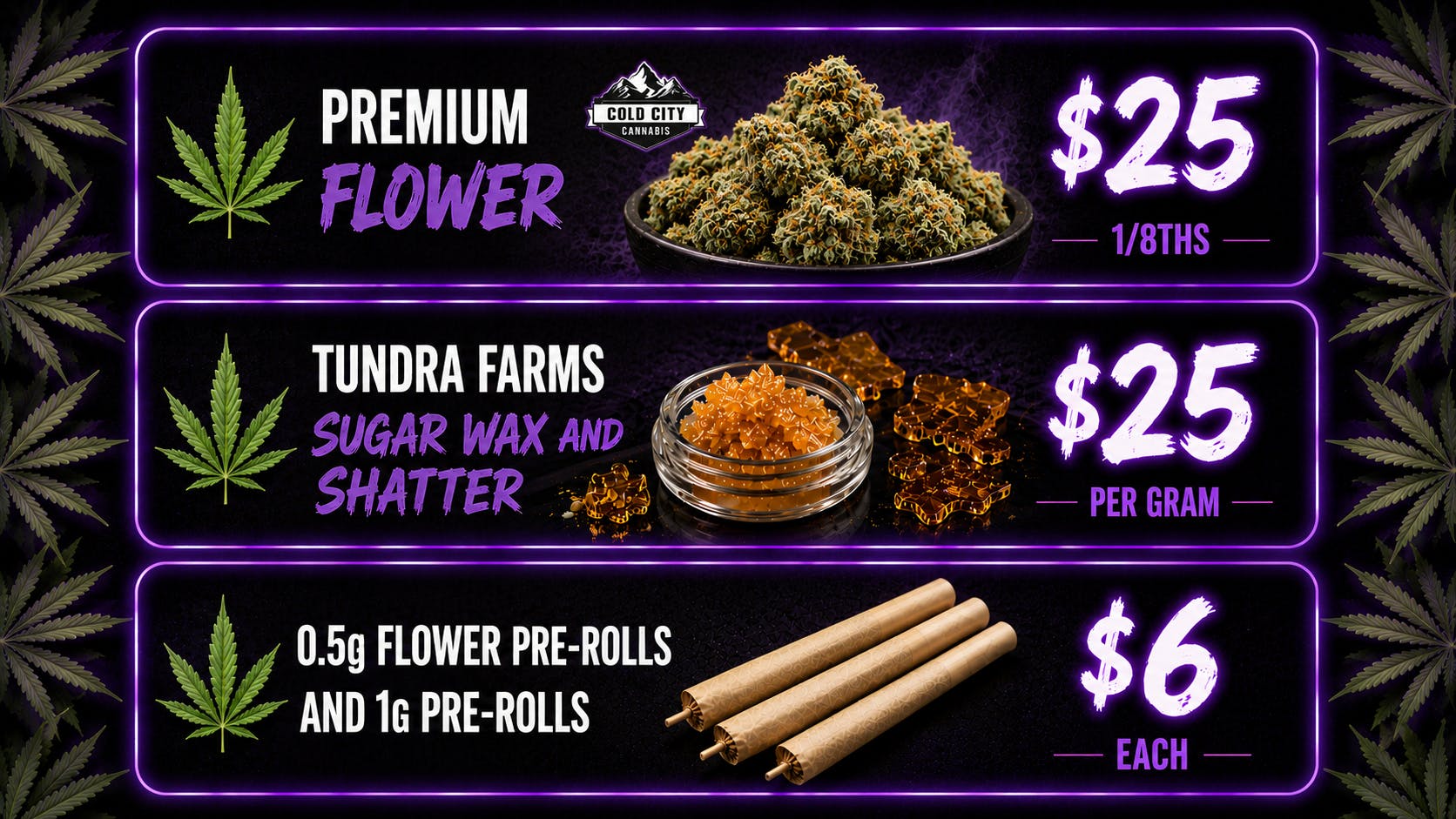 Cold City Cannabis - Anchorage Premium Flower $25 1/8ths - Sugar Wax $25 Per Gram