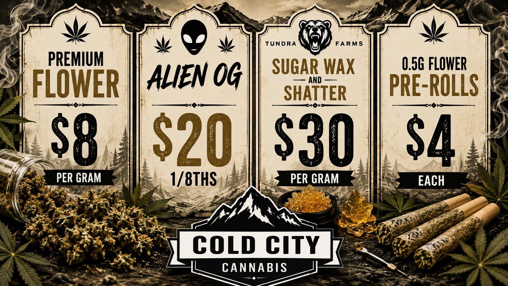 Cold City Cannabis - Anchorage 0.5g Pre-Rolls $4 Each! Alien OG $20 1/8ths!!