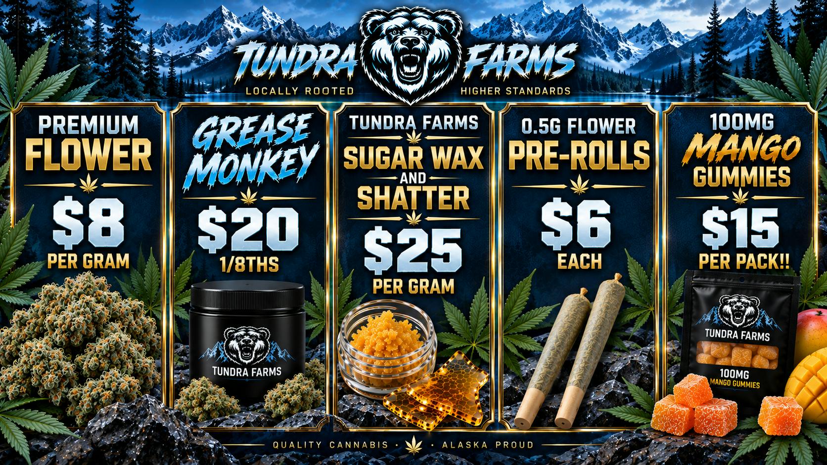 Cold City Cannabis - Anchorage Grease Monkey $20 1/8ths! - Mango Gummies $15 Each