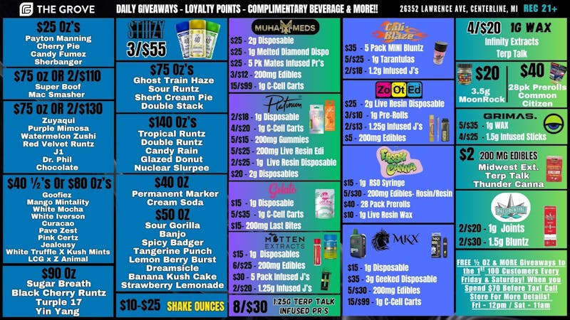 The Grove $15 3g Disposables, $25 Ounces, $2 200mg Edibles