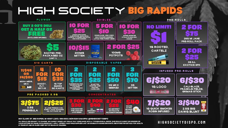 High Society Weekly Deals!!!!!