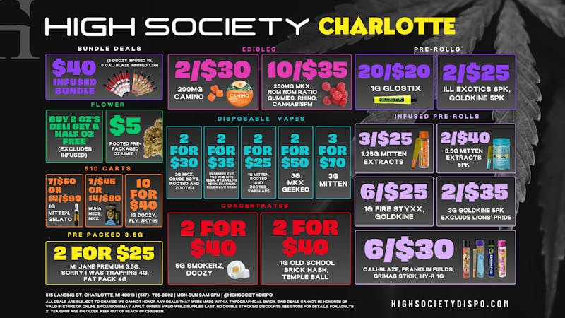 High Society Charlotte Weekly Deals!!!!