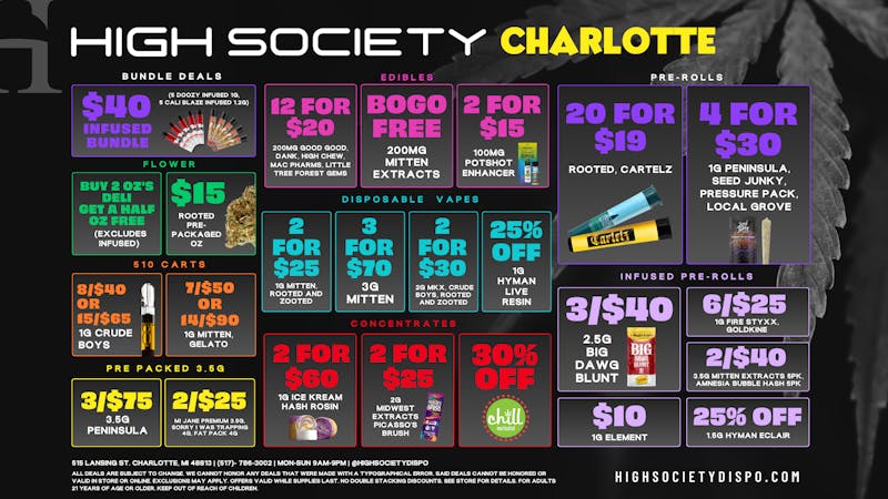 High Society Charlotte Weekly Deals!!!!