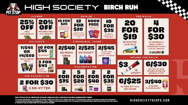 High Society Weed Dispensary Outer Birch Run Weekly Deals!!!
