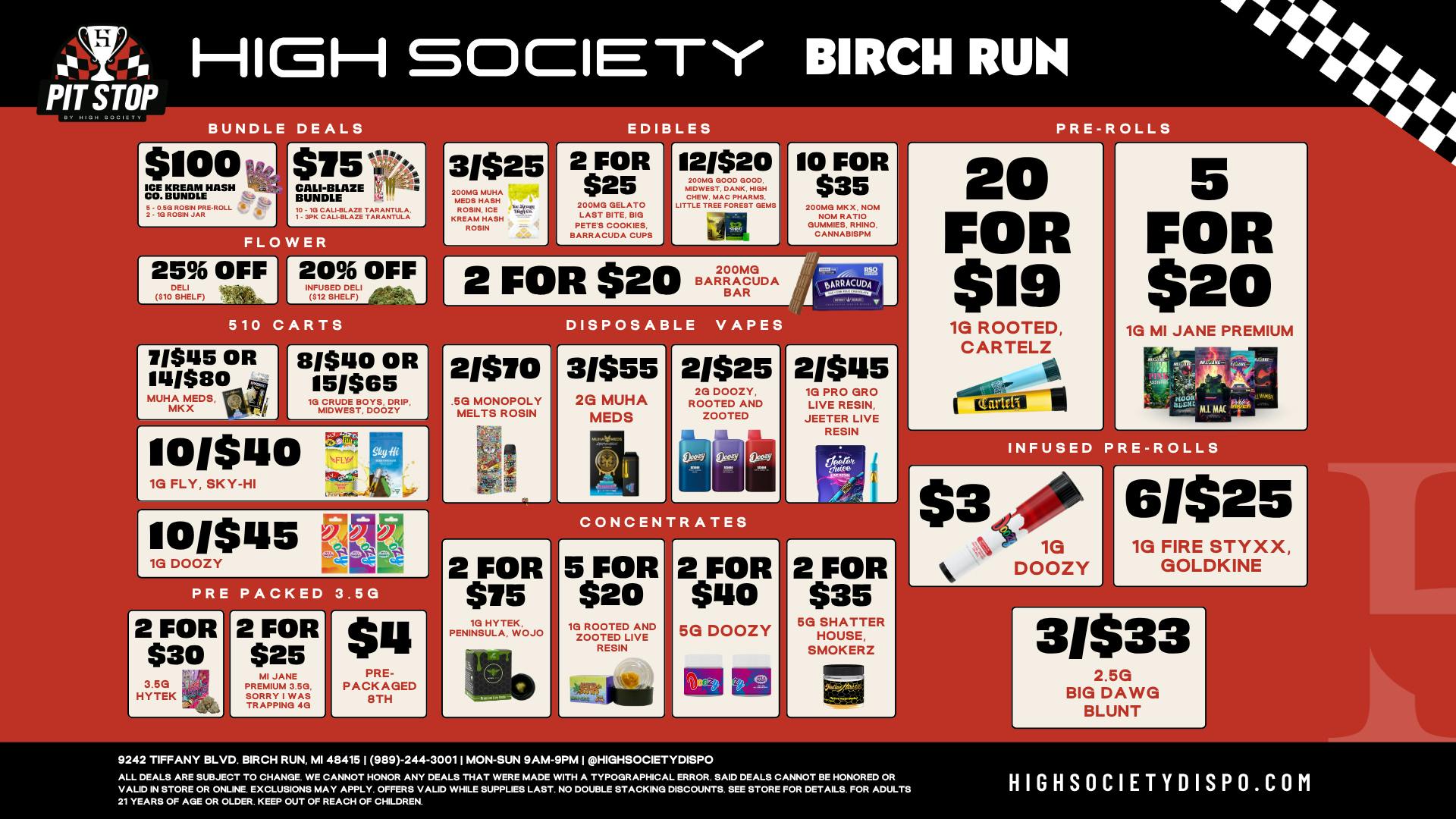 High Society Weed Dispensary Outer Birch Run Weekly Deals!!!
