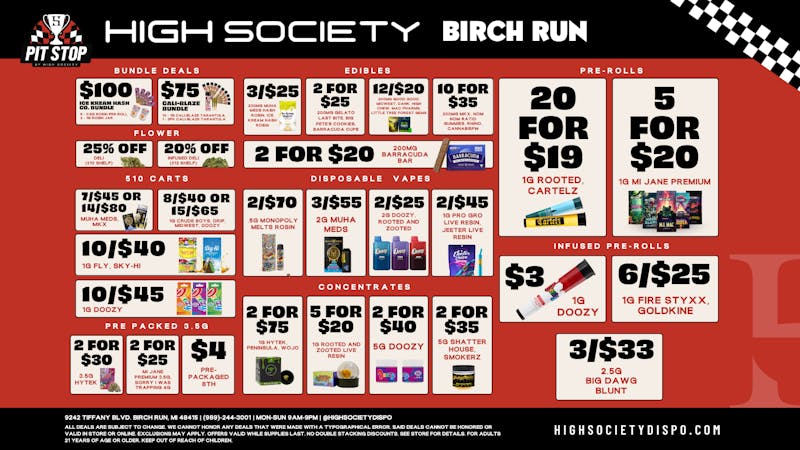 High Society Weed Dispensary Outer Birch Run Weekly Deals!!!