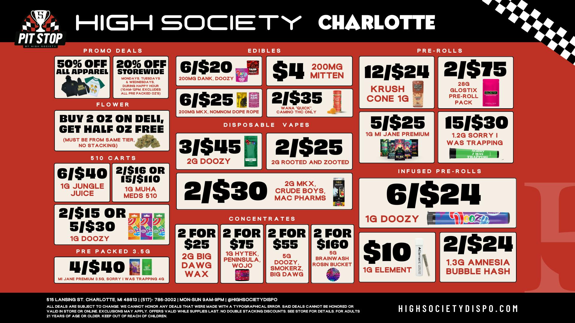 High Society Charlotte Weekly Deals!!!!