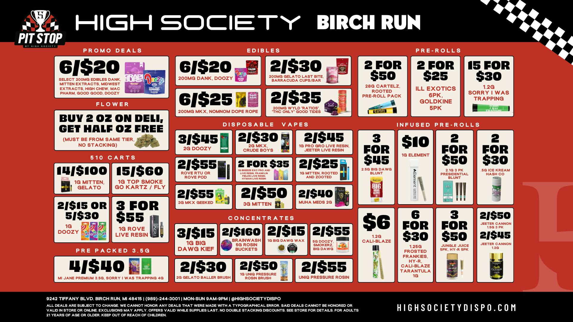 High Society Weed Dispensary Outer Birch Run Weekly Deals!!!