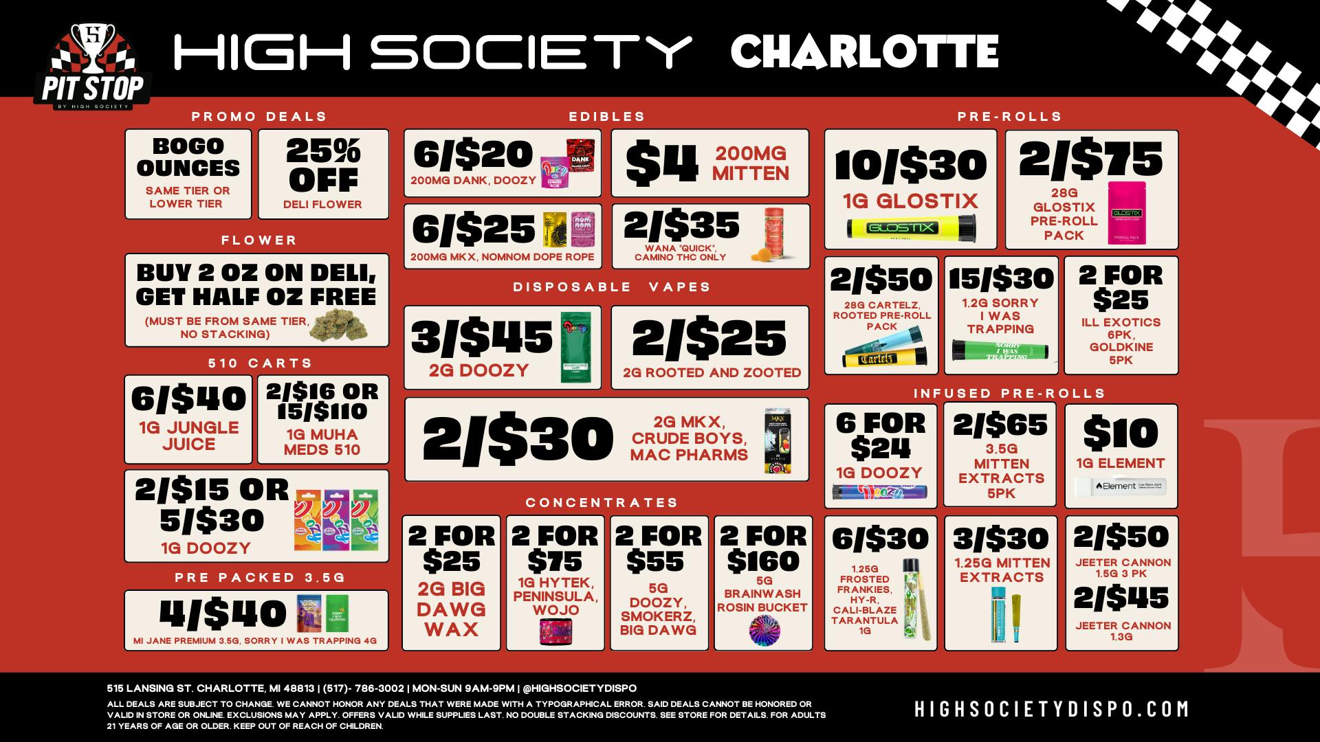 High Society Charlotte Weekly Deals!!!!