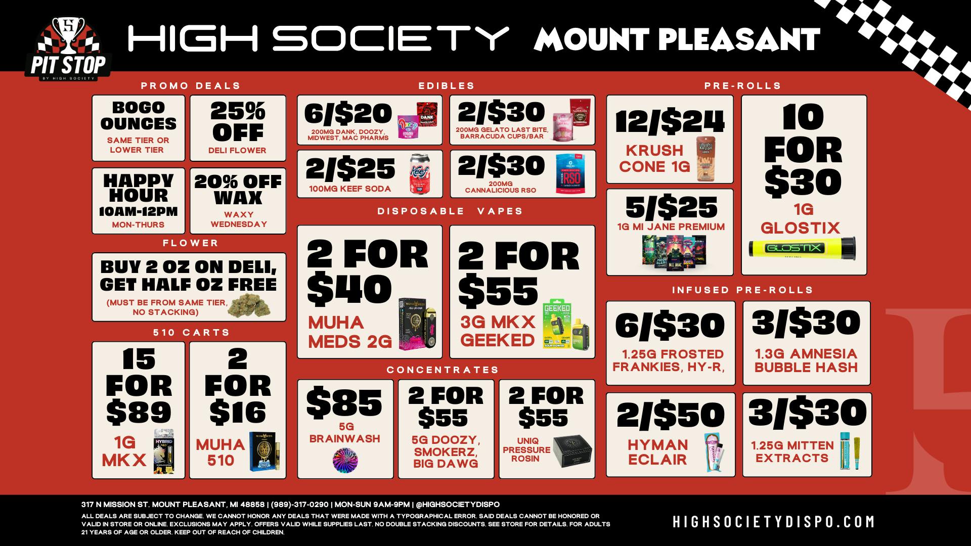 High Society Mount Pleasant Weekly Deals!!!!