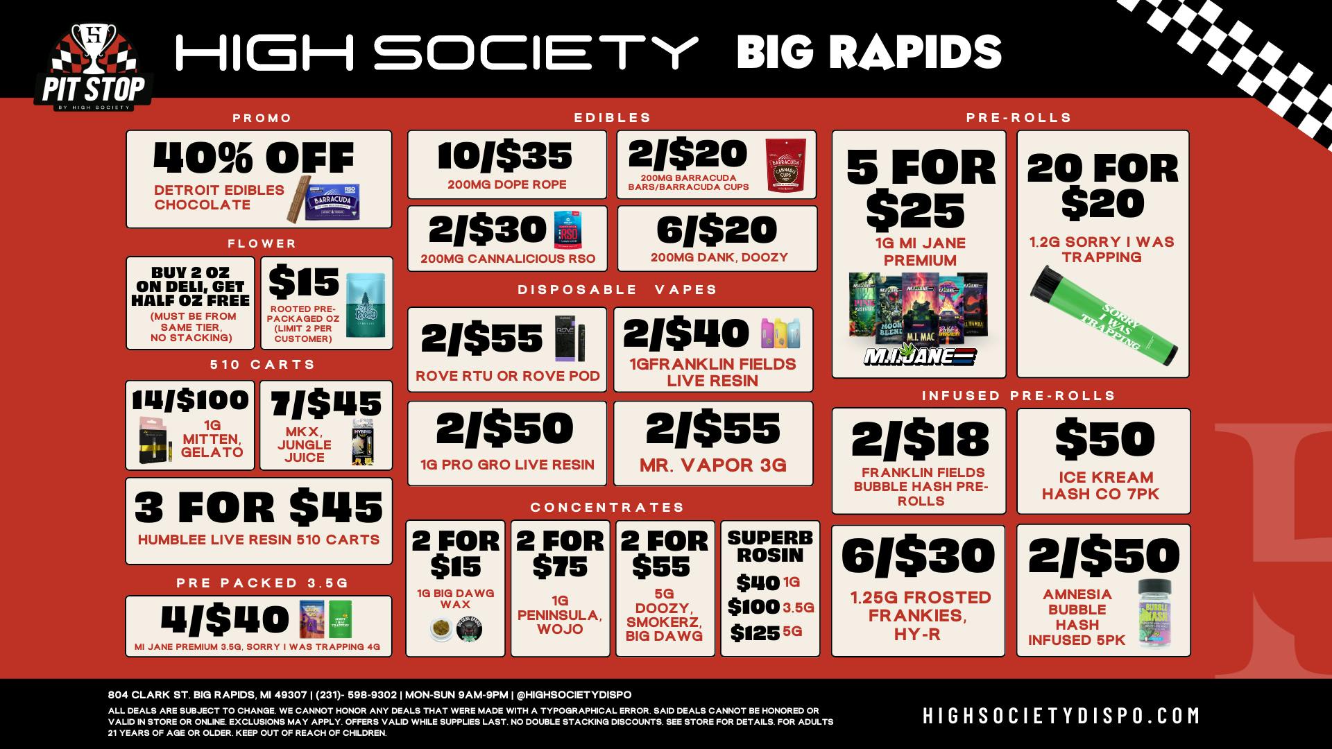 High Society Weekly Deals!!!!!