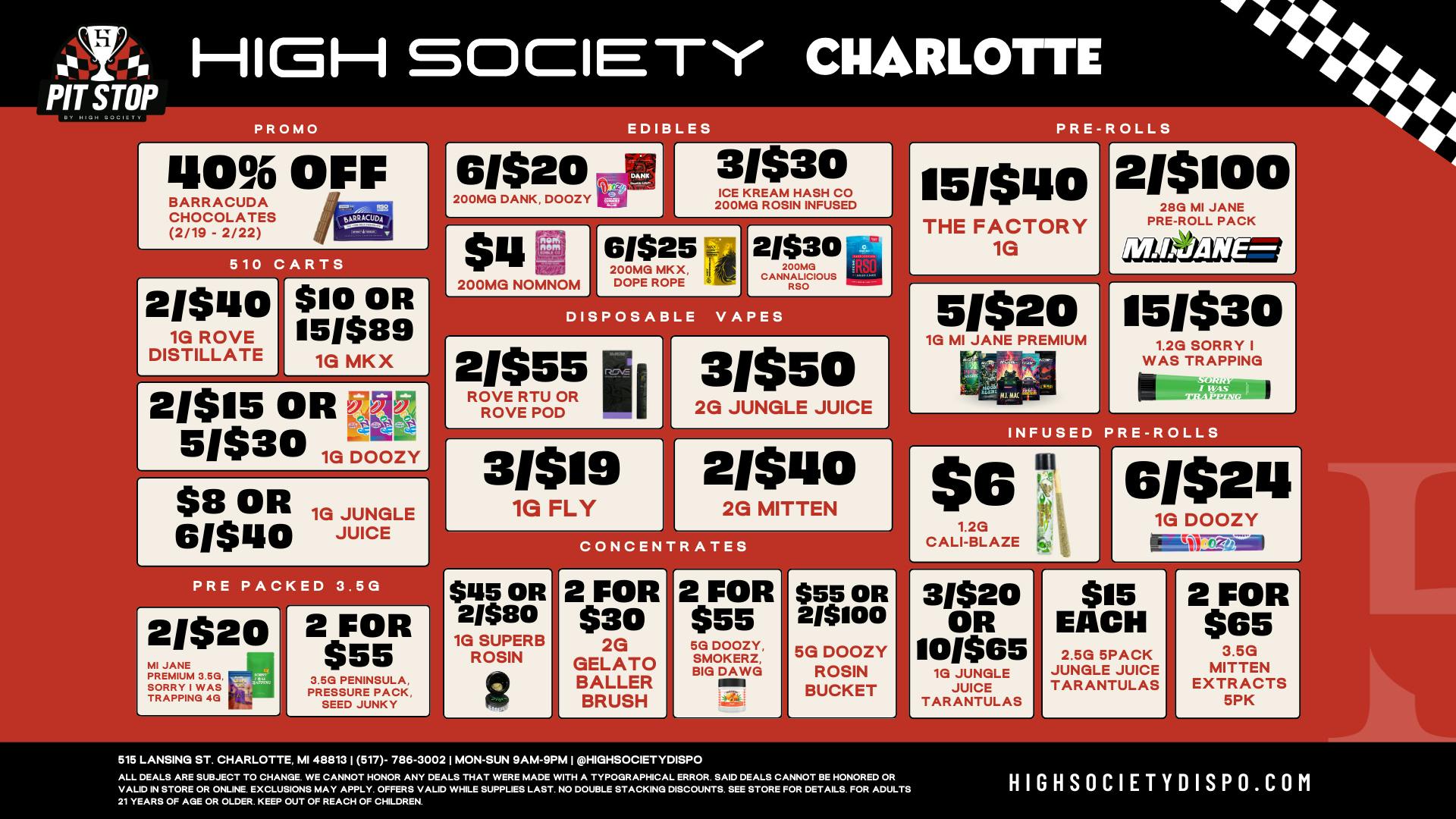 High Society Charlotte Weekly Deals!!!!