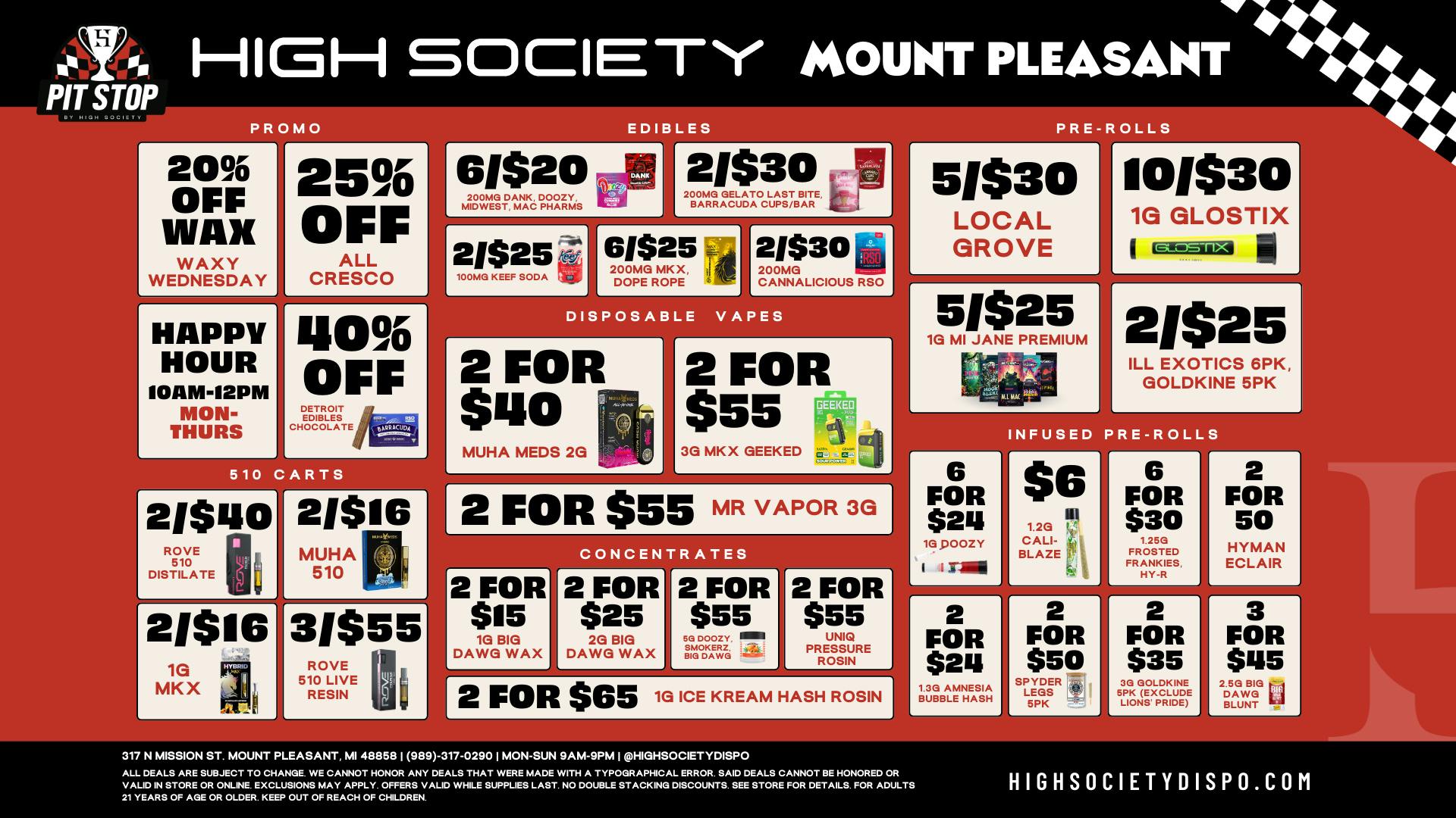 High Society Mount Pleasant Weekly Deals!!!!