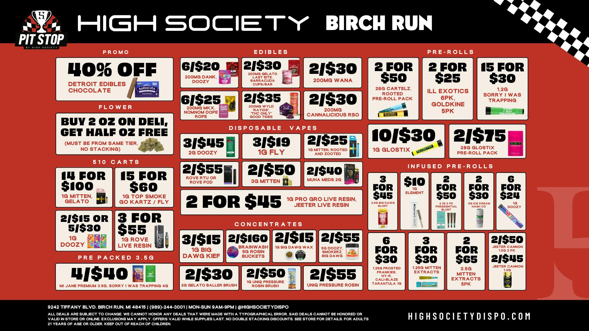 High Society Weed Dispensary Outer Birch Run Weekly Deals!!!
