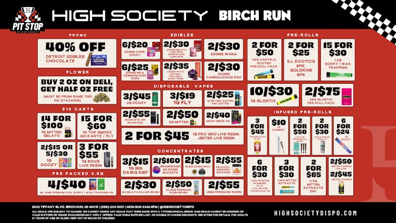 High Society Weed Dispensary Outer Birch Run Weekly Deals!!!