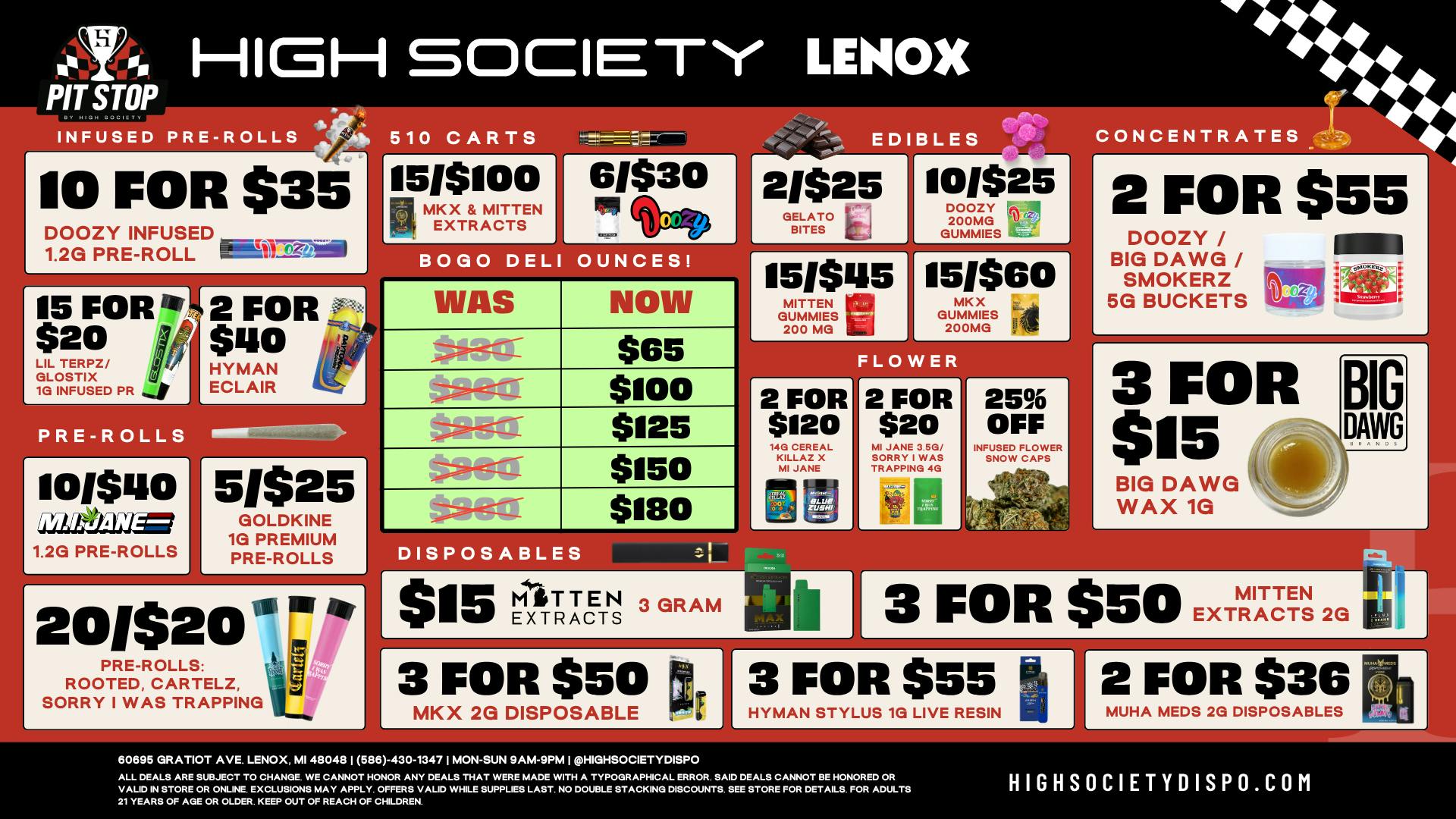 High Society Lenox - NOW OPEN BOGO Oz's $65 / 10 Prerolls $35 / 15 Vapes $100