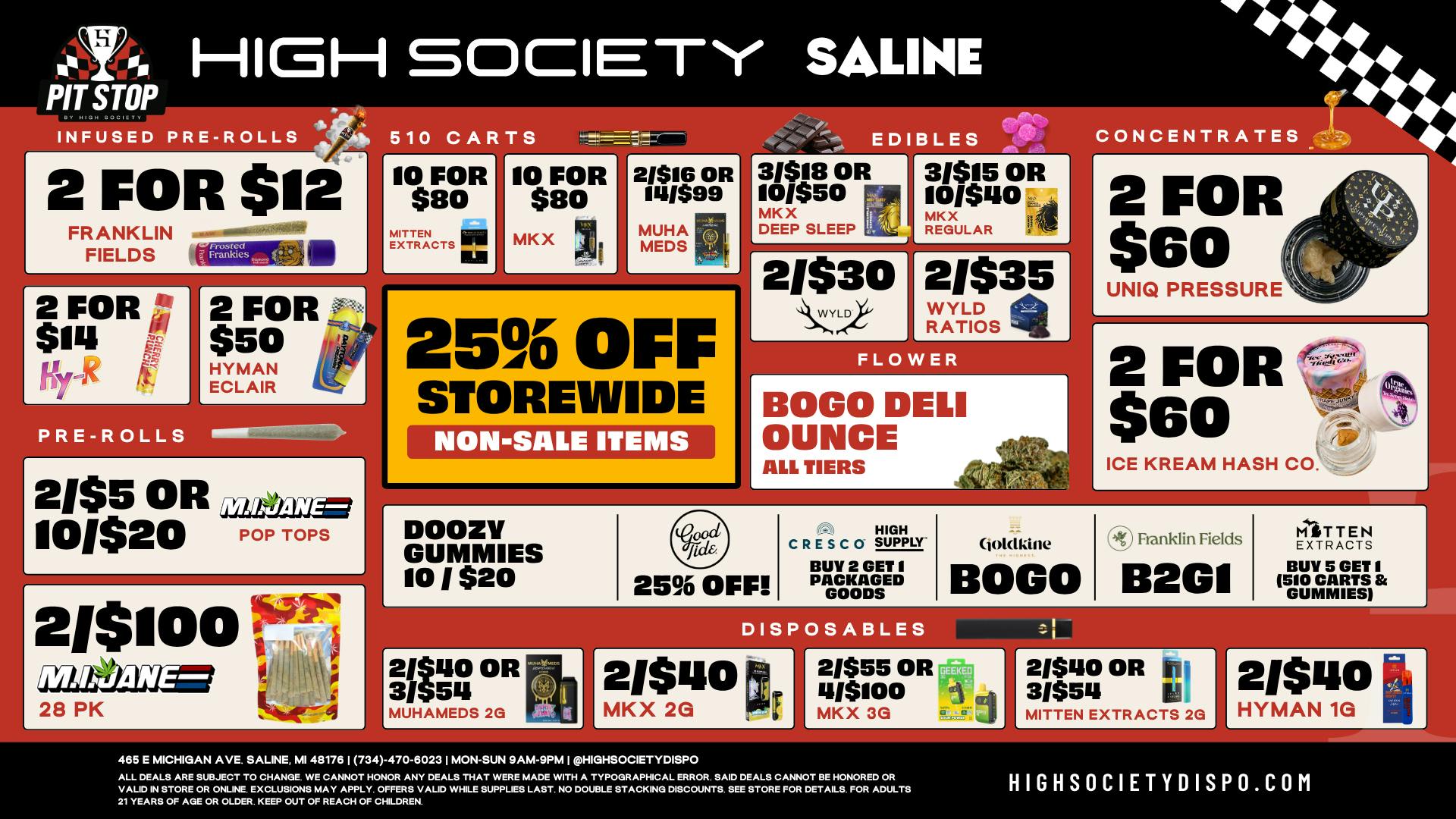 High Society Saline 25% Off Storewide!! BOGO Deli Oz!!