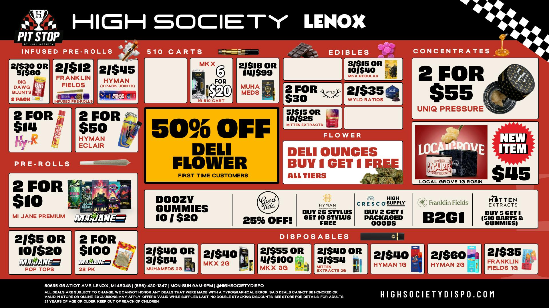 High Society Lenox - NOW OPEN Promo Deals & BOGO Deli Oz!!