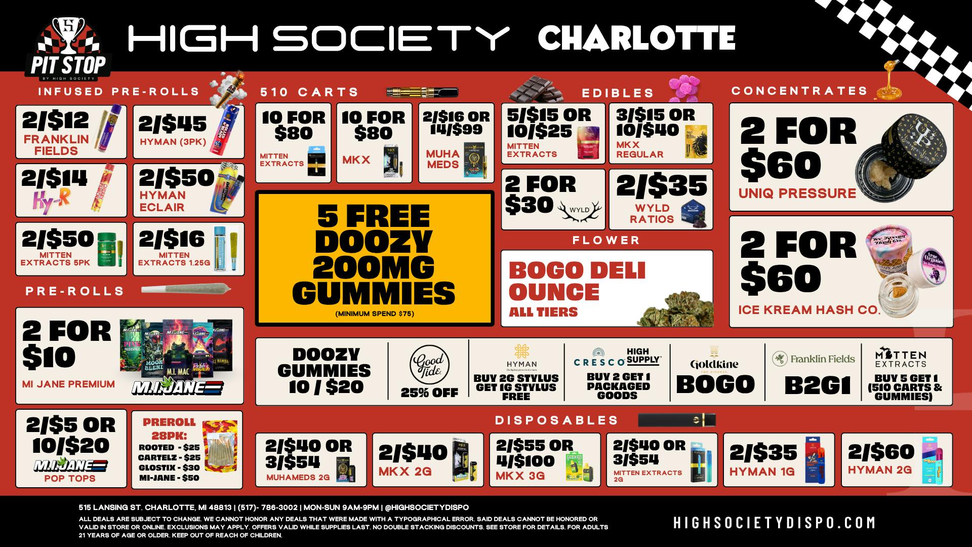 High Society Charlotte FREE DOOZY GUMMIES & BOGO Deli Oz!!