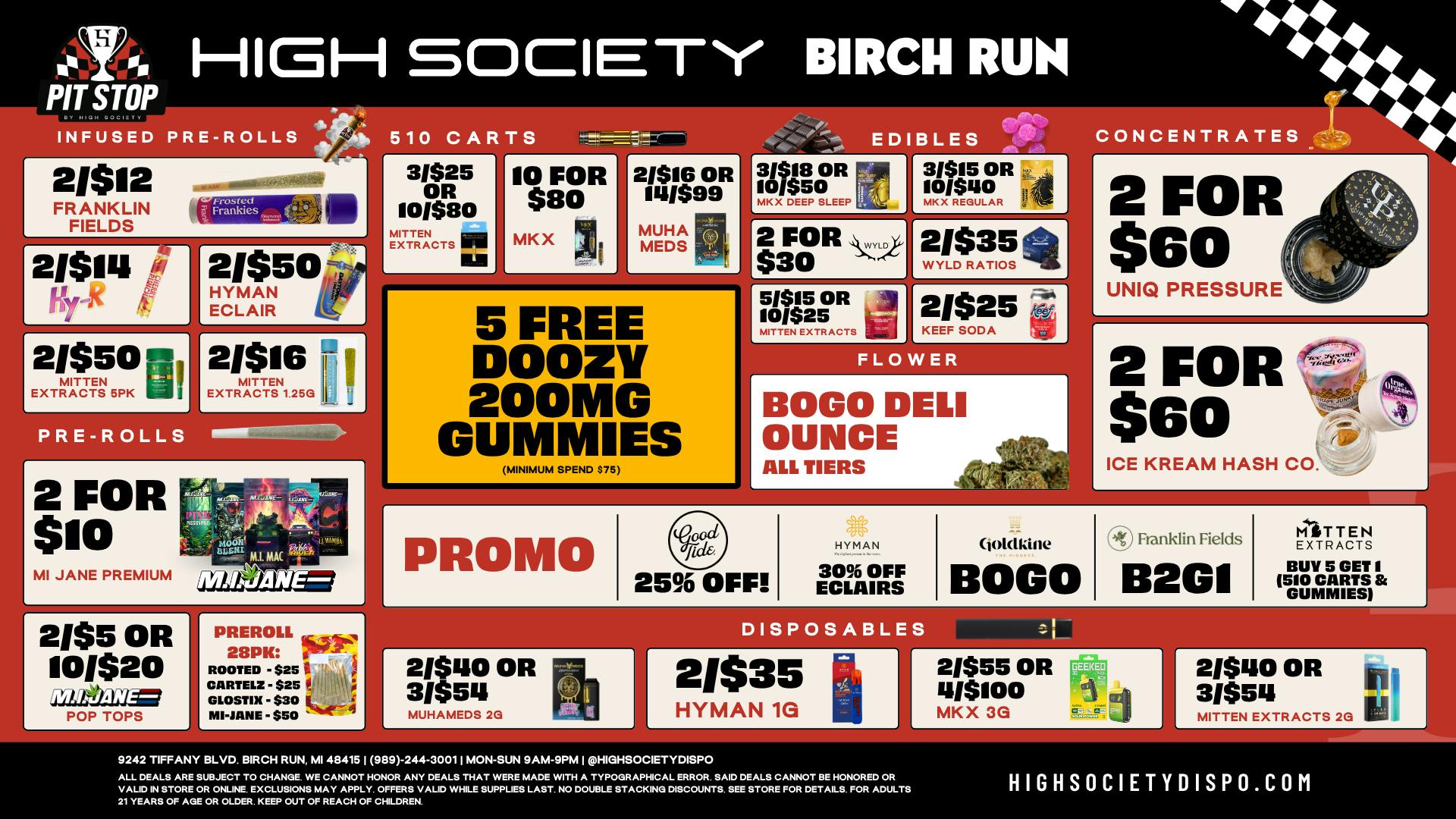 High Society Weed Dispensary Outer Birch Run FREE DOOZY GUMMIES & BOGO Deli Oz!!