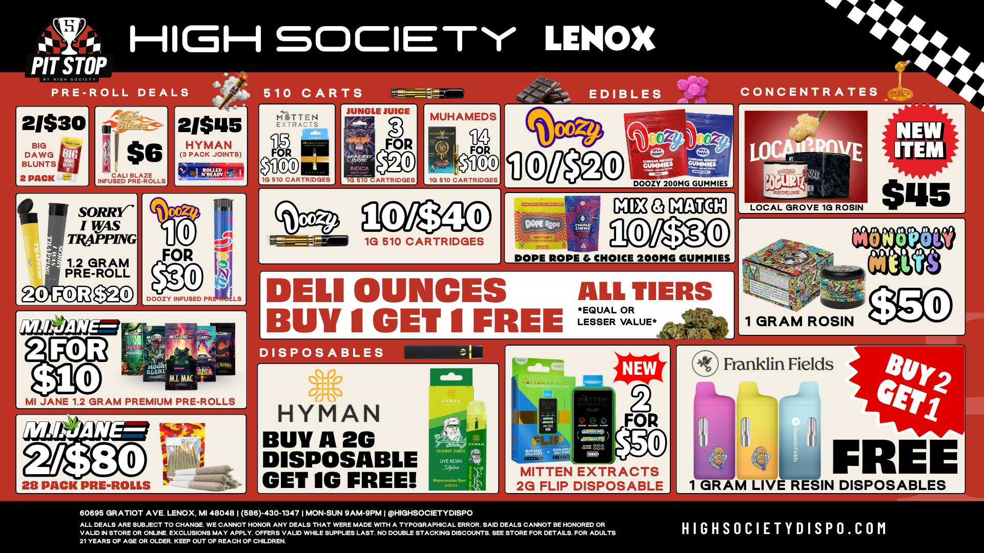 High Society Lenox - NOW OPEN Special Promos!! & BOGO Deli Oz!!
