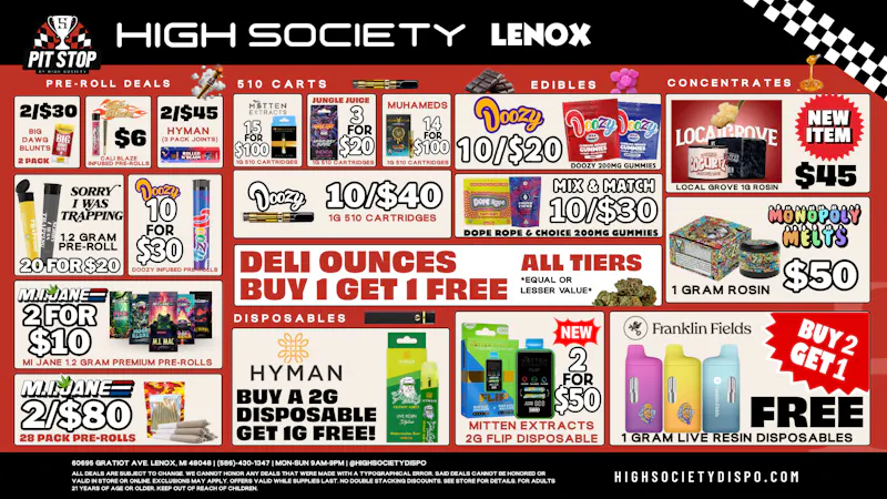 High Society Lenox - NOW OPEN Special Promos!! & BOGO Deli Oz!!